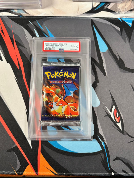 PSA 10 - 1999 Base Set Unlimited - Thin Font - Charizard Booster Pack - Cert #88750892