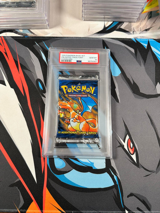PSA 10 - 1999 Base Set Unlimited - Thick Font - Charizard Booster Pack - Cert #88750901